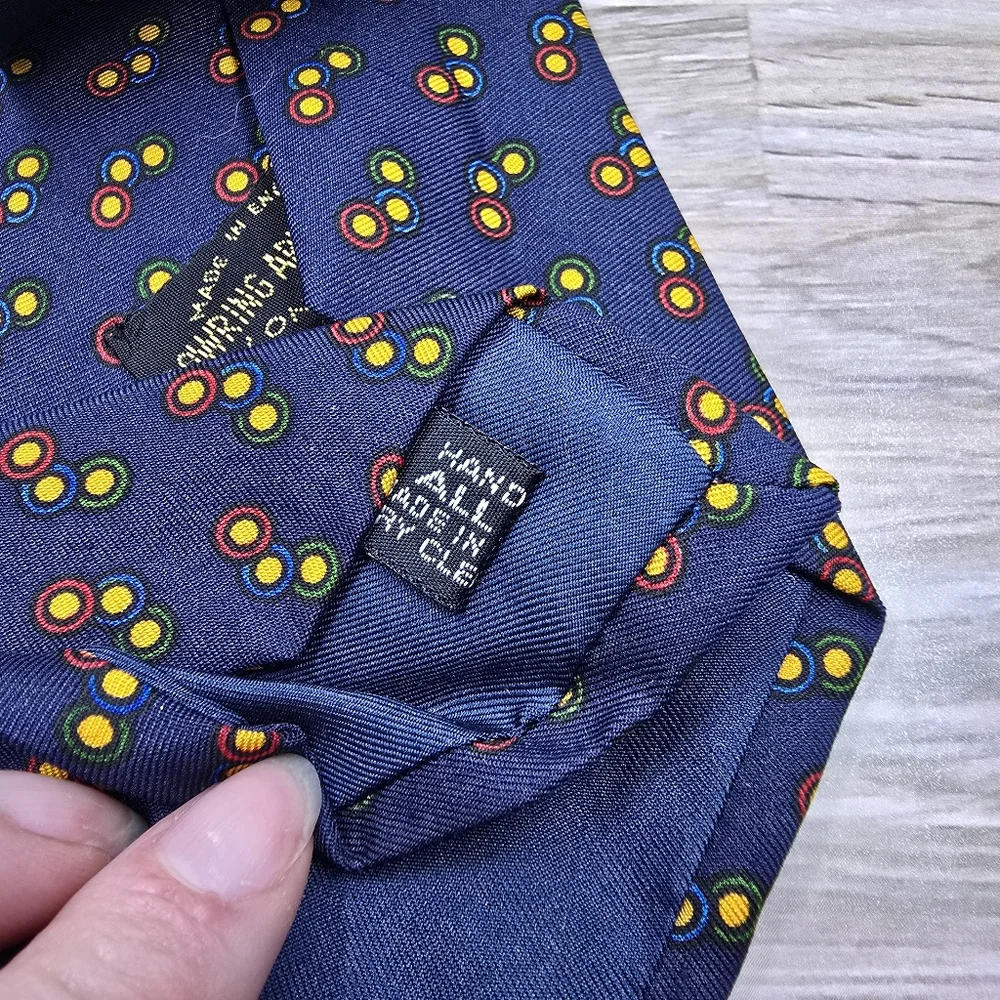 Bowring Arundel &‎ Co navy blue 100% silk yellow gold polka dot tie 56